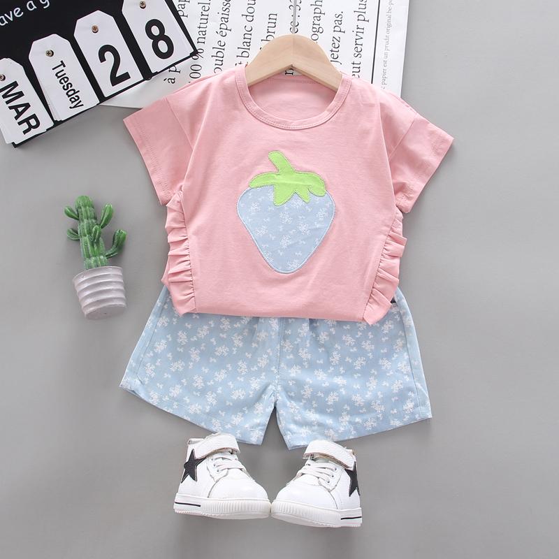 2-piece Strawberry Pattern T-shirt & Shorts for Toddler Girl - PrettyKid