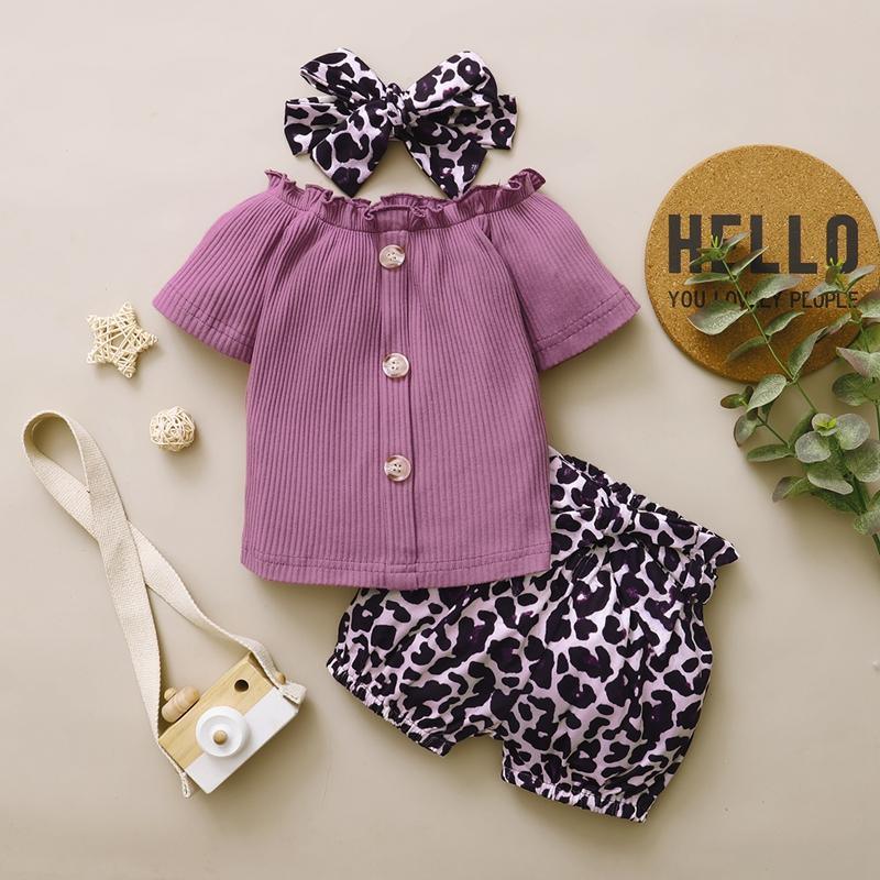 Baby Girl 3pcs Leopard Pattern Suit T-Shirt & Short & Headhand - PrettyKid