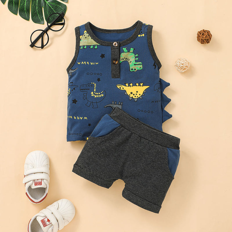 Baby Boy Dinosaur Print Tank Top and Shorts Wholesale - PrettyKid