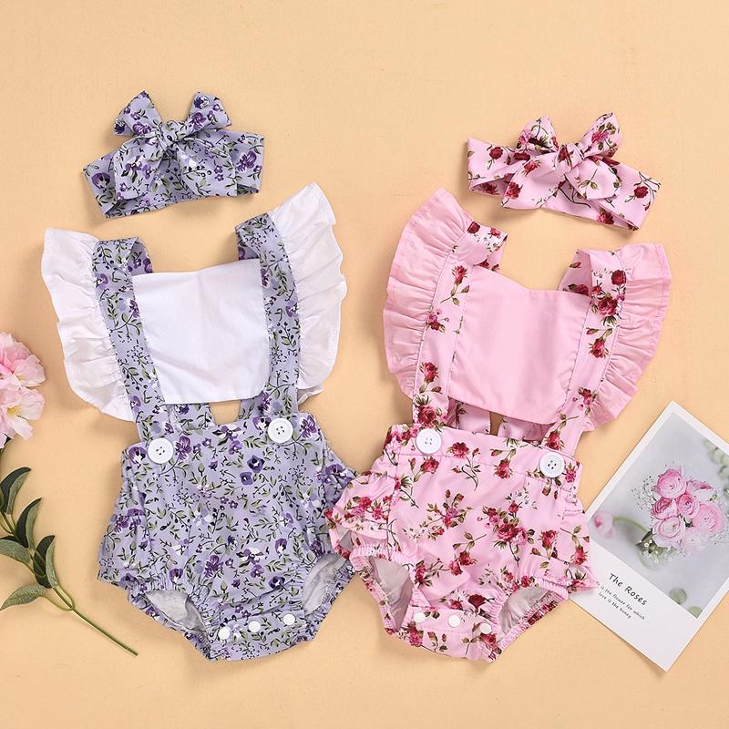 2-piece Ruffle Floral Printed Bodysuit & Headwear for Baby Girl Wholesale children's clothing - PrettyKid