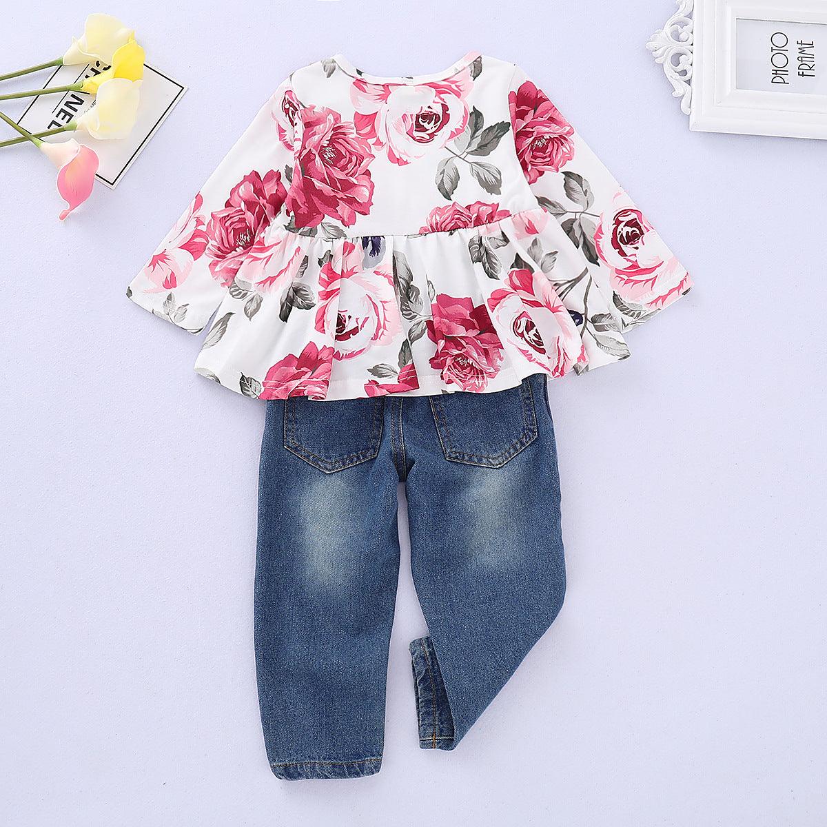 Toddler Kids Girls Rose Print Top Denim Pants Set - PrettyKid