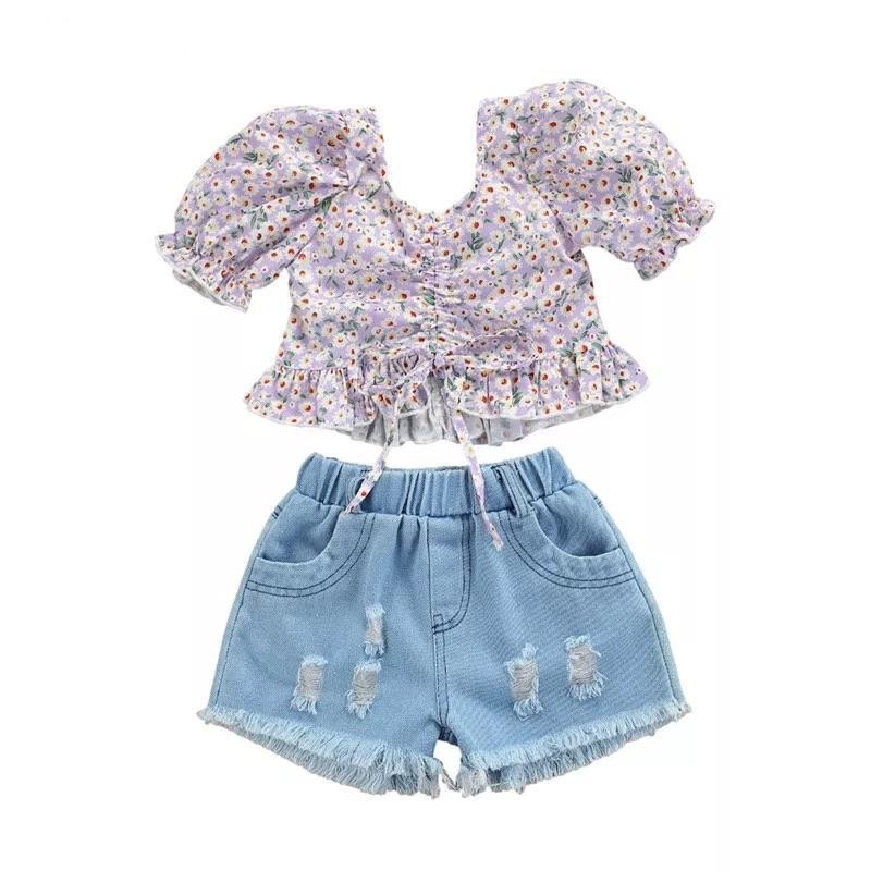 Toddler Girl Puff Sleeve Floral Top & Ripped Denim Shorts - PrettyKid