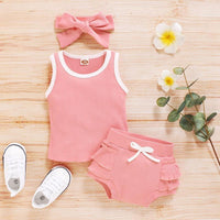 Solid Tank Top and Ruffled Shorts Set with Headband Wholesale children's clothing - PrettyKid