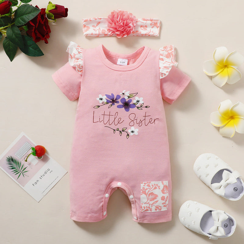 0-12M Baby Girl Jumpsuit Printed Panel Short Sleeve Crew Neck Wholesale Baby Clothes - PrettyKid