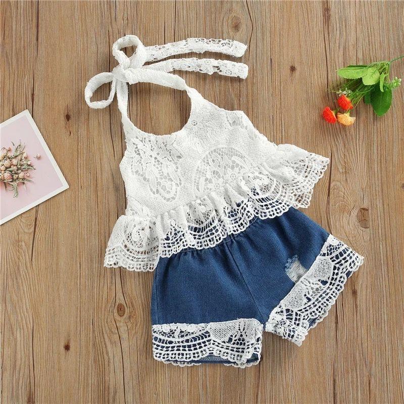 Toddler Girl Lace Braided Halterneck Top & Denim Shorts - PrettyKid