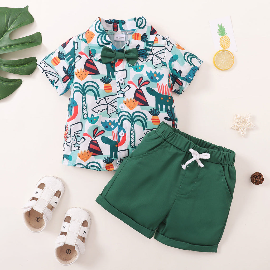 12M-4Y Bow Button Print Shirt Drawstring Shorts Set Wholesale Toddler Boy Clothes - PrettyKid