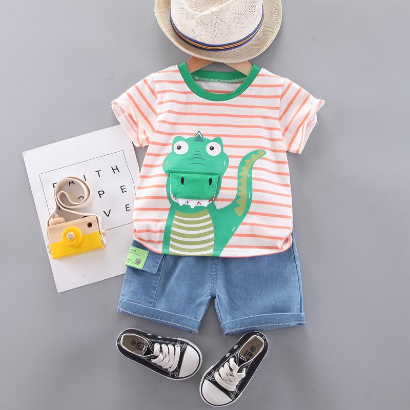 Toddler Boy Dinosaur Pattern Color Stripes Top & Denim Shorts - PrettyKid