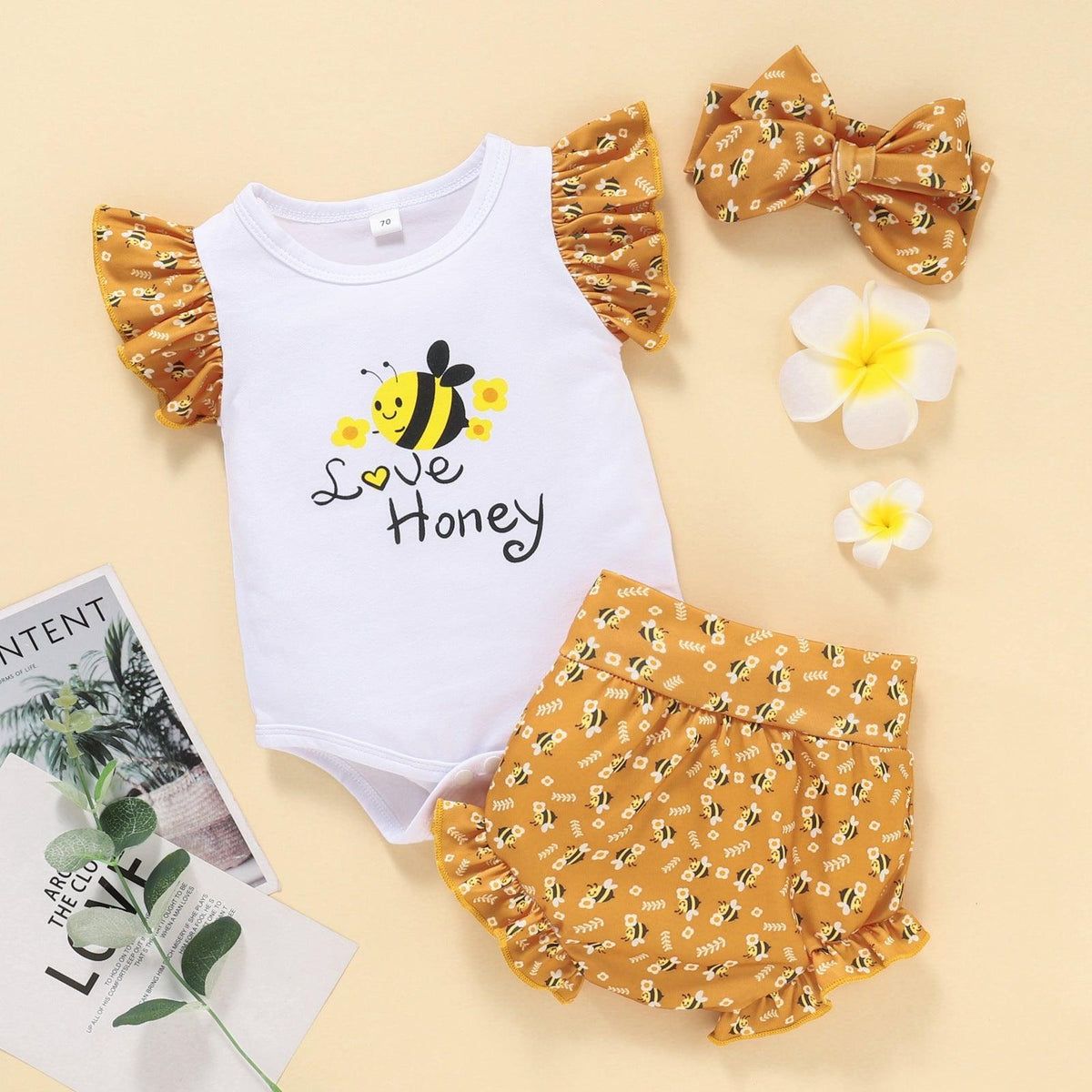 Baby Girl Letter & Bee Print Jumpsuit And Briefs With Headband Cheap Baby Outfit Sets - PrettyKid