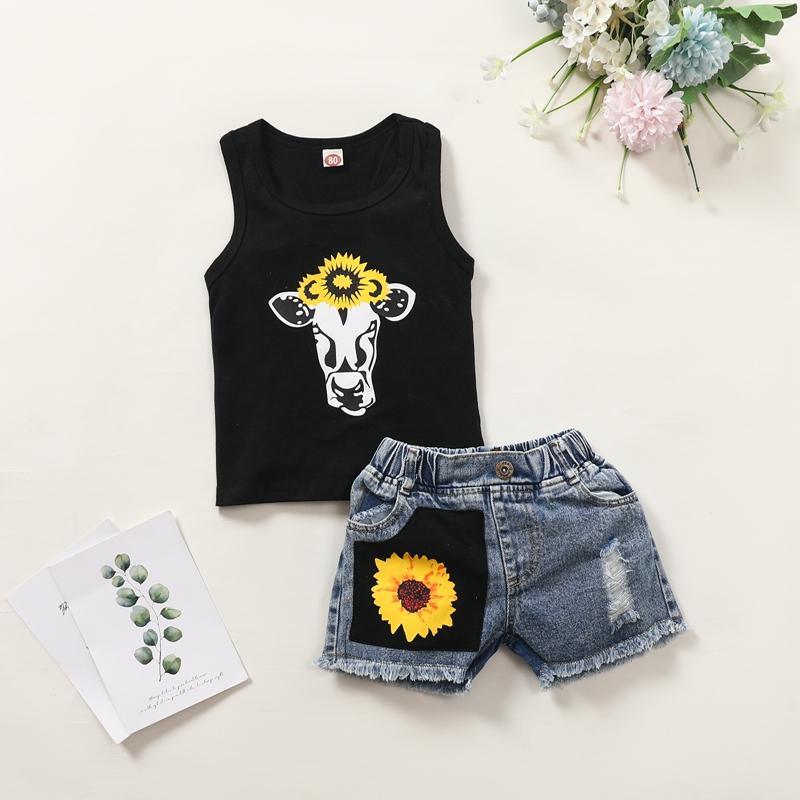 Toddler Girl Tank Top & Sunflower Pattern Denim Shorts Children's Clothing - PrettyKid