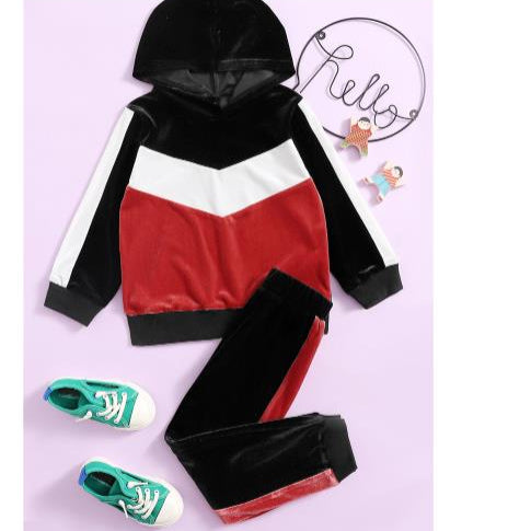 Contrast Color Kid Tracksuit Sets Hooded And Pants - PrettyKid