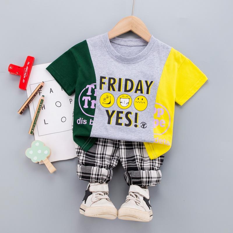 Grow Boy Letter Smiley Color Contrast Top & Plaid Shorts - PrettyKid