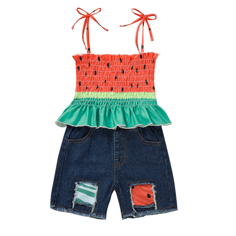 Avocado Print Camisole And Ripped Denim Shorts Toddler Girl Sets - PrettyKid