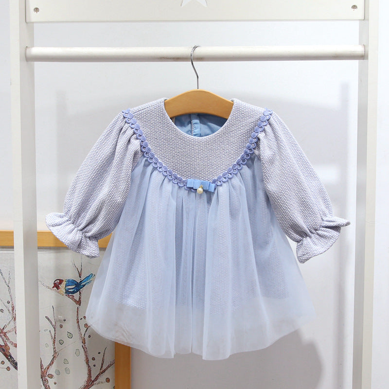 Baby Girl Long Sleeve Panel Mesh Dress Baby Girl Princess Dress - PrettyKid