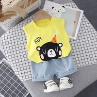 Toddler Boy Cartoon Bear Pattern Sleeveless Top & Denim Shorts - PrettyKid