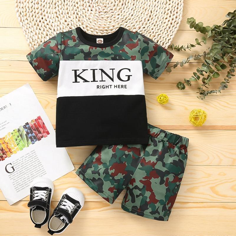 Toddler Boy Letter Print Camouflage T-shirt & Shorts - PrettyKid