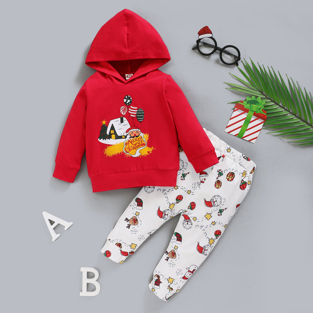 Christmas Print Hoodie And Pants Baby Girl 2 Piece Set - PrettyKid