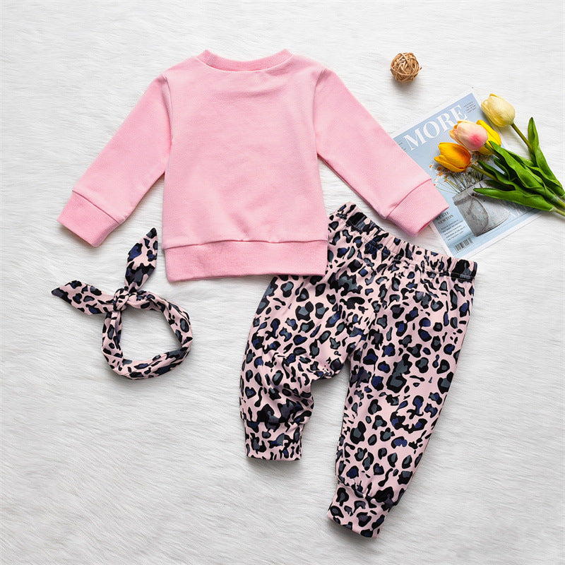Baby Girl Letter Print Sweatshirt And Leopard Print Pants And Headband Baby Outfit Sets - PrettyKid