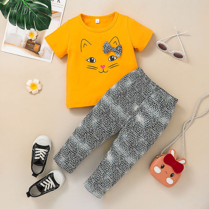 9M-4Y Baby Girl Clothing Sets Short-Sleeved T-Shirt + Printed Trousers Wholesale Baby Clothes - PrettyKid