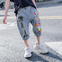 Boy Iron Tower Pattern Capri Jeans - PrettyKid