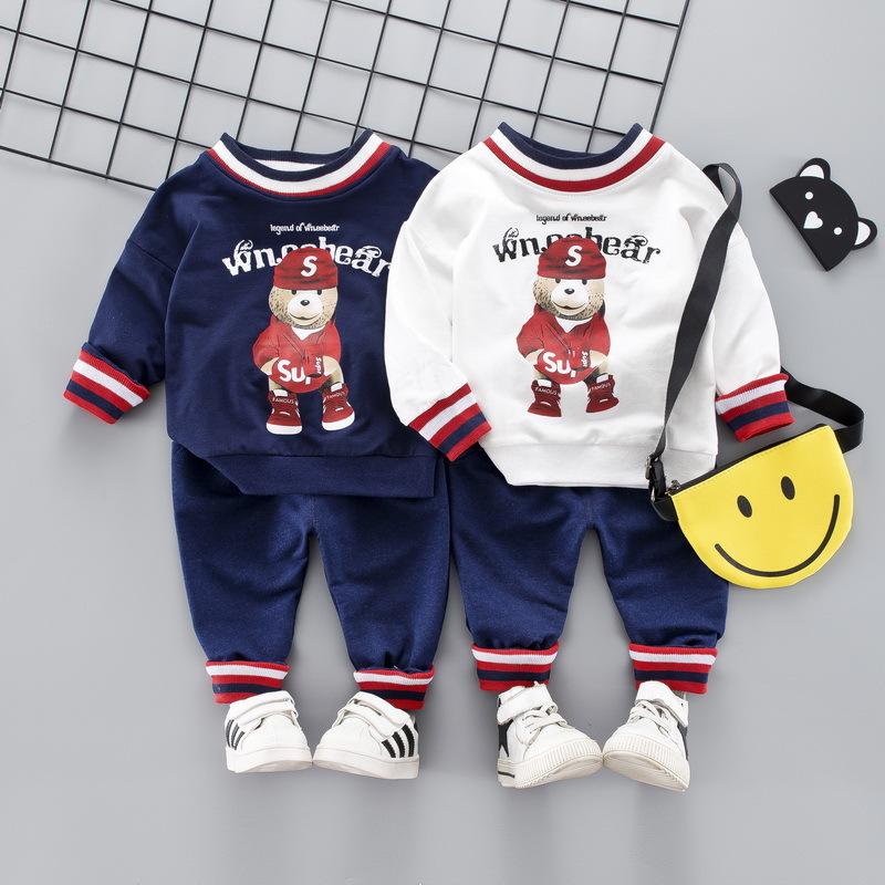 children's smocked clothing wholesale Baby Boy Bear Pattern Color-Block Top & Pants - PrettyKid