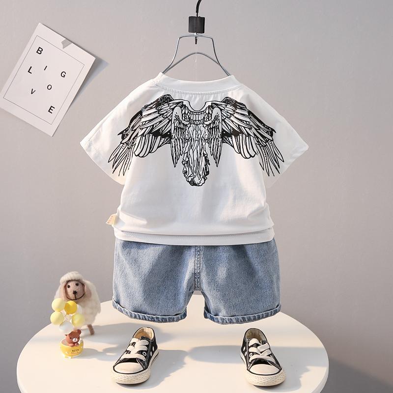 Grow Boy Cotton Animal Wing Patten Print Top & Denim Shorts - PrettyKid