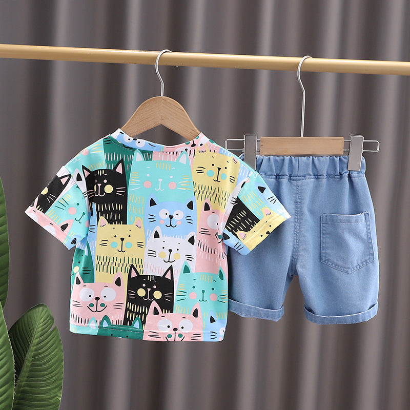 9months-4years Toddler Sets Boys And Girls Children's Clothing Suits Kitten T-Shirt & Denim Shorts - PrettyKid