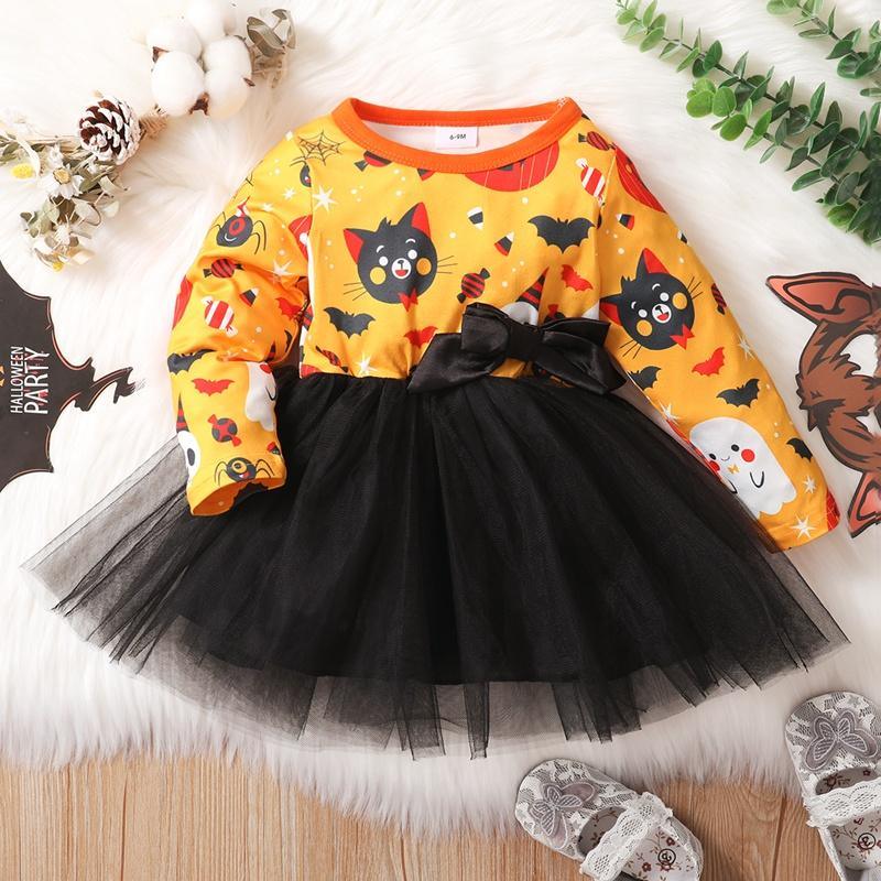 wee me baby clothes wholesale Baby Girl Cartoon Print Mesh Hem Dress - PrettyKid