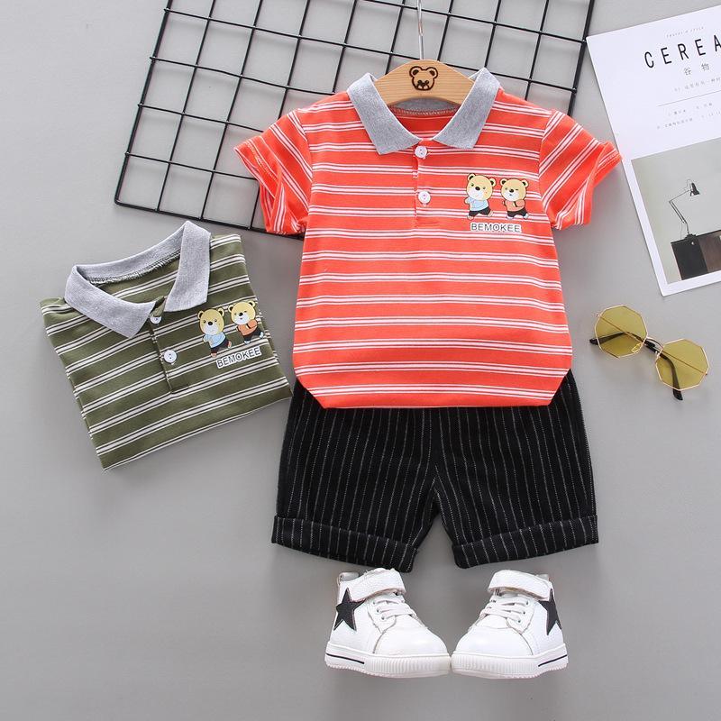 Grow Boy Bear Pattern Striped Polo Shirt & Striped Shorts - PrettyKid