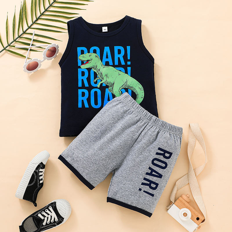 Boy Letter Dinosaur Tank Top And Shorts Toddler Boy Sets - PrettyKid