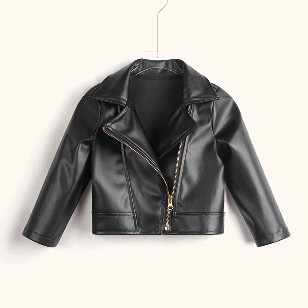 Black Leather Zip Up Wholesale Girls Jackets - PrettyKid