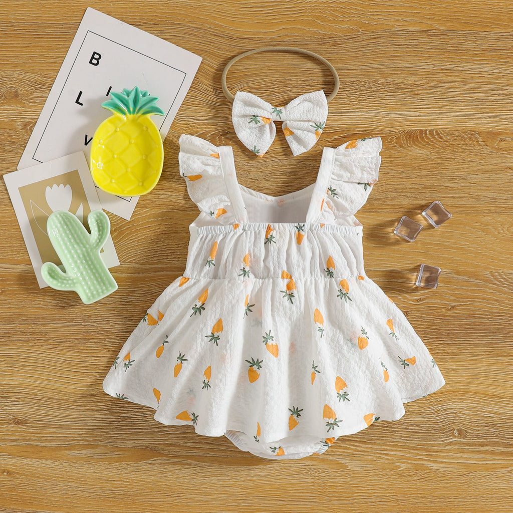 Baby Girl Carrot Print Dress Jumpsuit With Headband Baby Girl Jumpsuit - PrettyKid