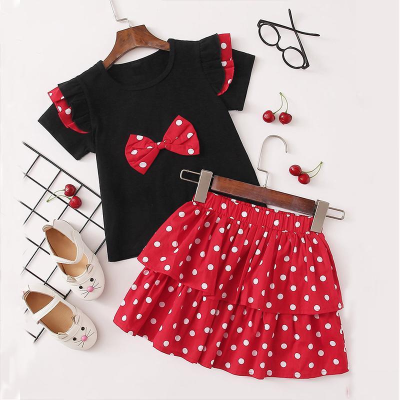 Toddler Girl Bowknot T-shirt & Polka Dot Skirt - PrettyKid