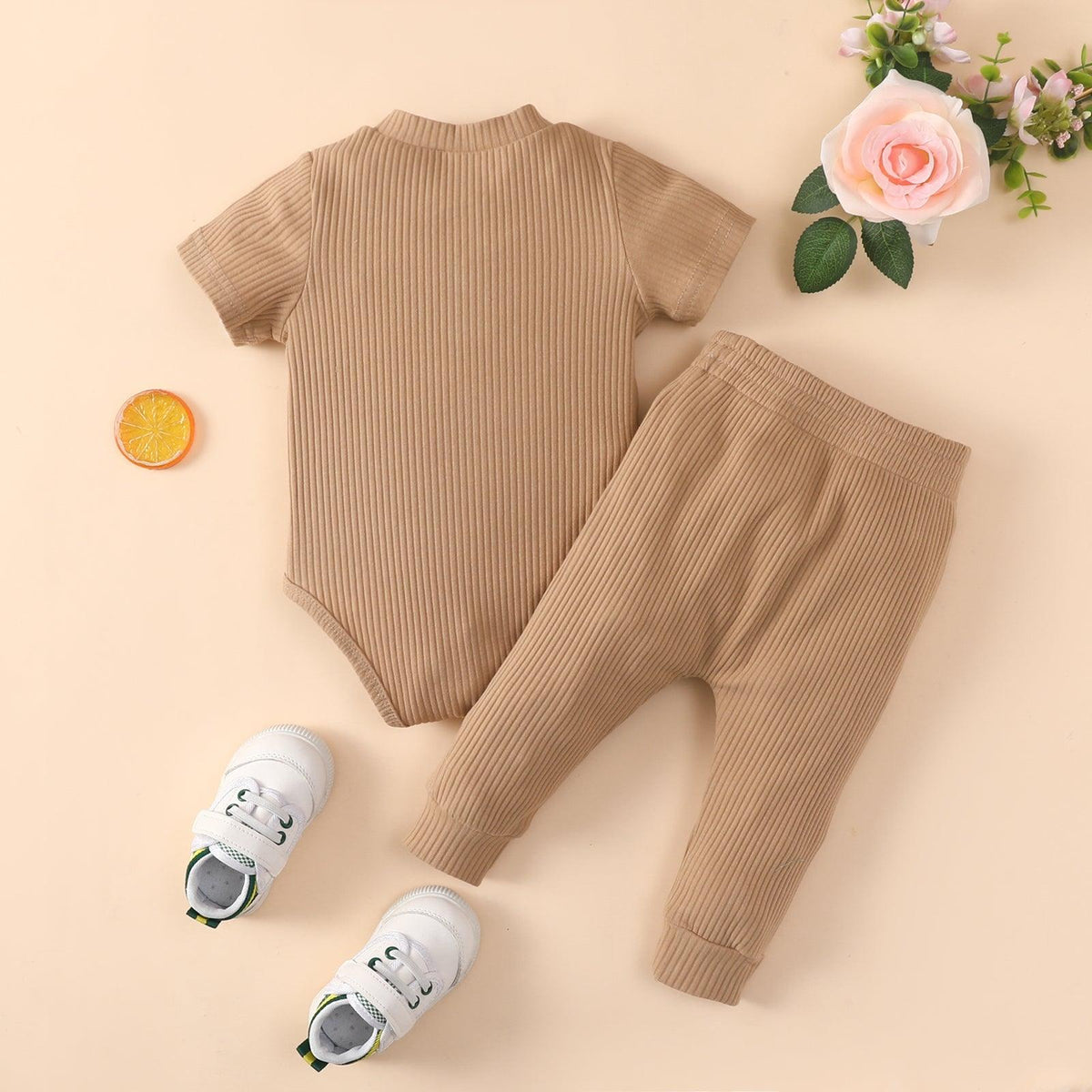 Baby Boy Short-Sleeve Solid Ribbed Bodysuit And Trousers Baby Outfit Sets - PrettyKid