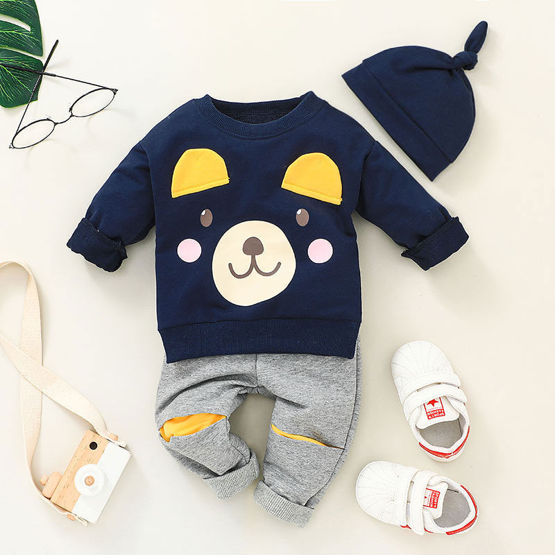 Bear Pattern T-Shirt And Solid Color Pants With Hat Baby Outfit Sets - PrettyKid