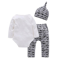 Baby Boy Letter Print Bodysuit And Mustache Pants And Hat Baby Outfit Sets - PrettyKid