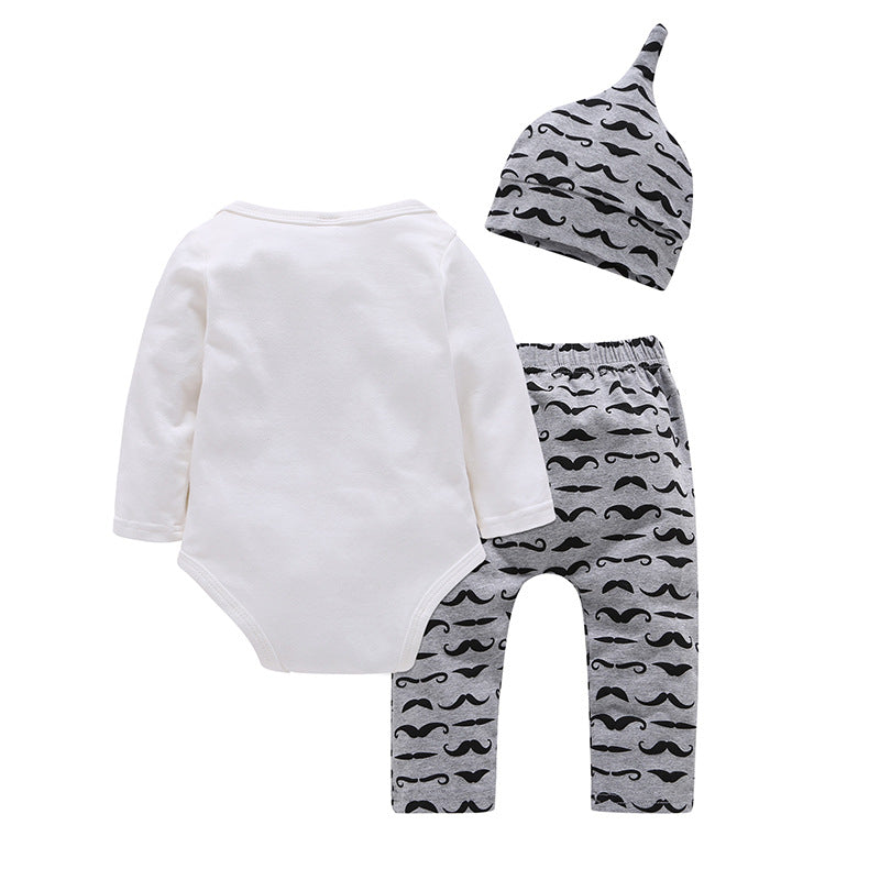 Baby Boy Letter Print Bodysuit And Mustache Pants And Hat Baby Outfit Sets - PrettyKid