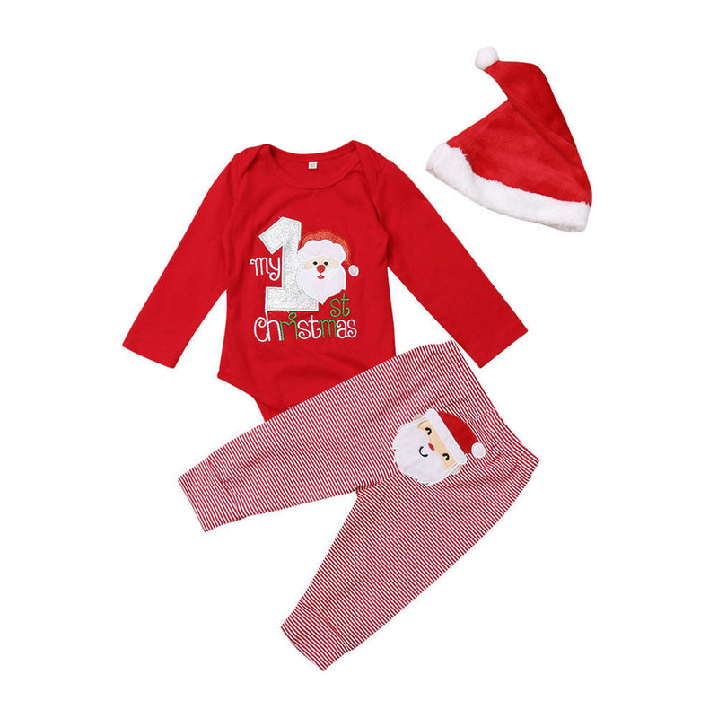 Christmas Letter Printed Romper And Santa Claus Striped Pants And Christmas Hat Baby Set Girl - PrettyKid