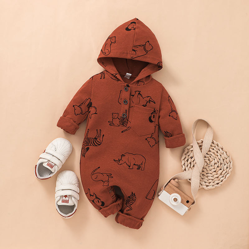 Baby Boy Animal Print Hooded Bodysuit Baby Rompers Wholesale - PrettyKid