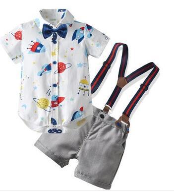 Cartoon Pattern Jumpsuit With Bow Tie And Overalls Boy Baby Outfit Sets - PrettyKid
