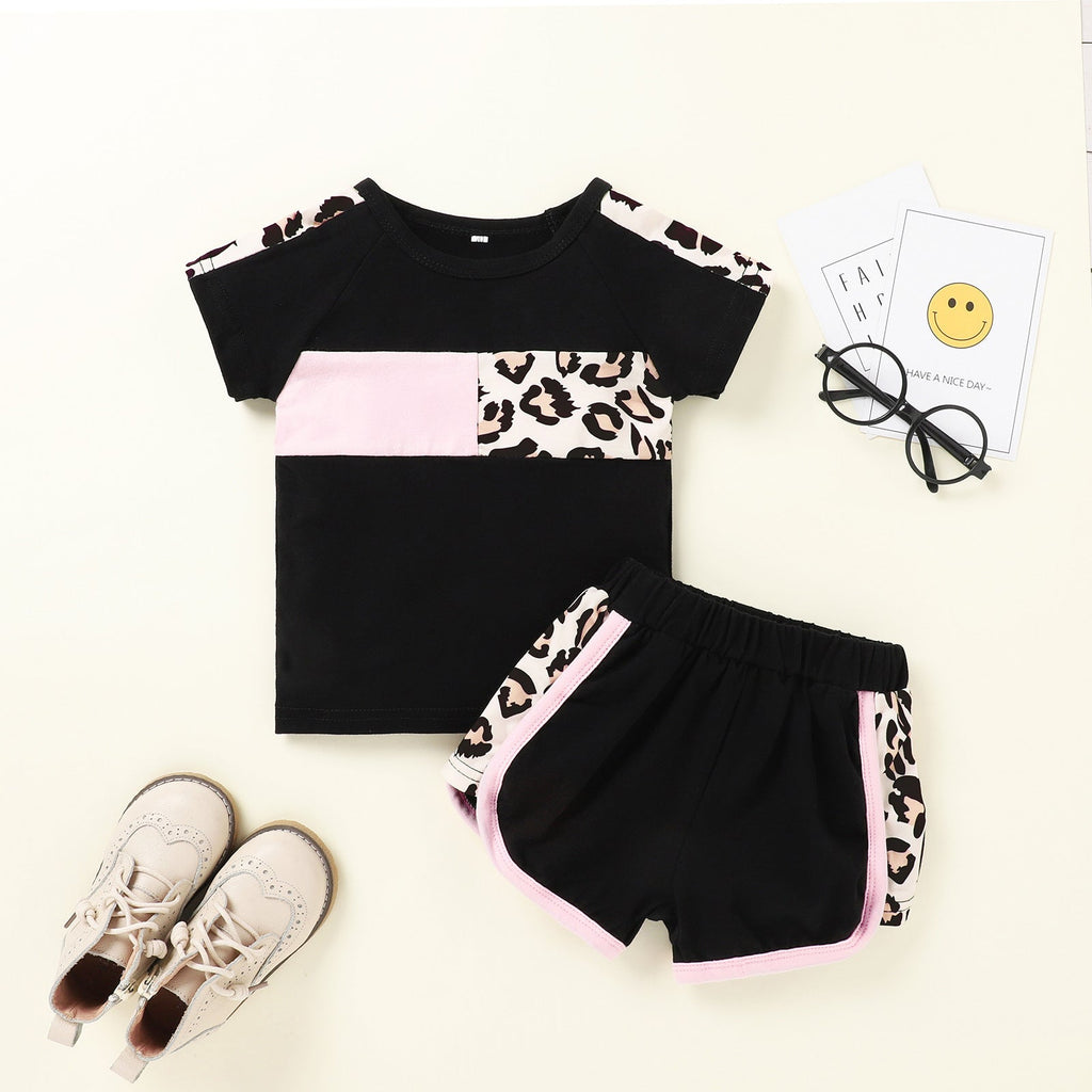 Baby Girl Colorblock Leopard Print T-Shirt And Shorts Baby Outfit Sets - PrettyKid