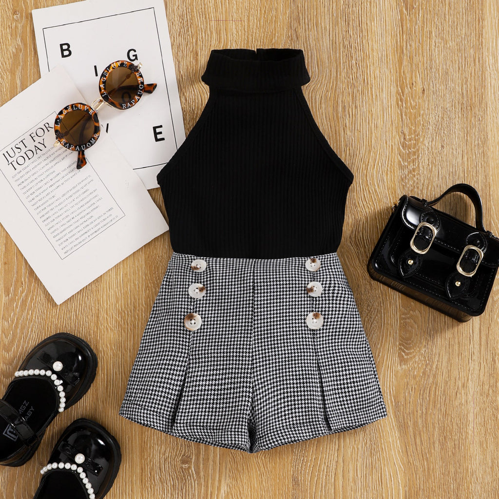 9M-4Y Toddler Girls Sets Halter-Neck Ribbed Top And Houndstooth Shorts Wholesale Little Girl Clothing - PrettyKid