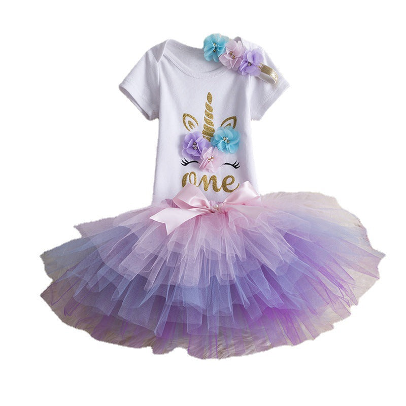 0-12months Baby Sets Three-Piece Set Summer Girls' Birthday Clothes Short-Sleeved Top & Color Skirt & Accessories Children's Clothing - PrettyKid