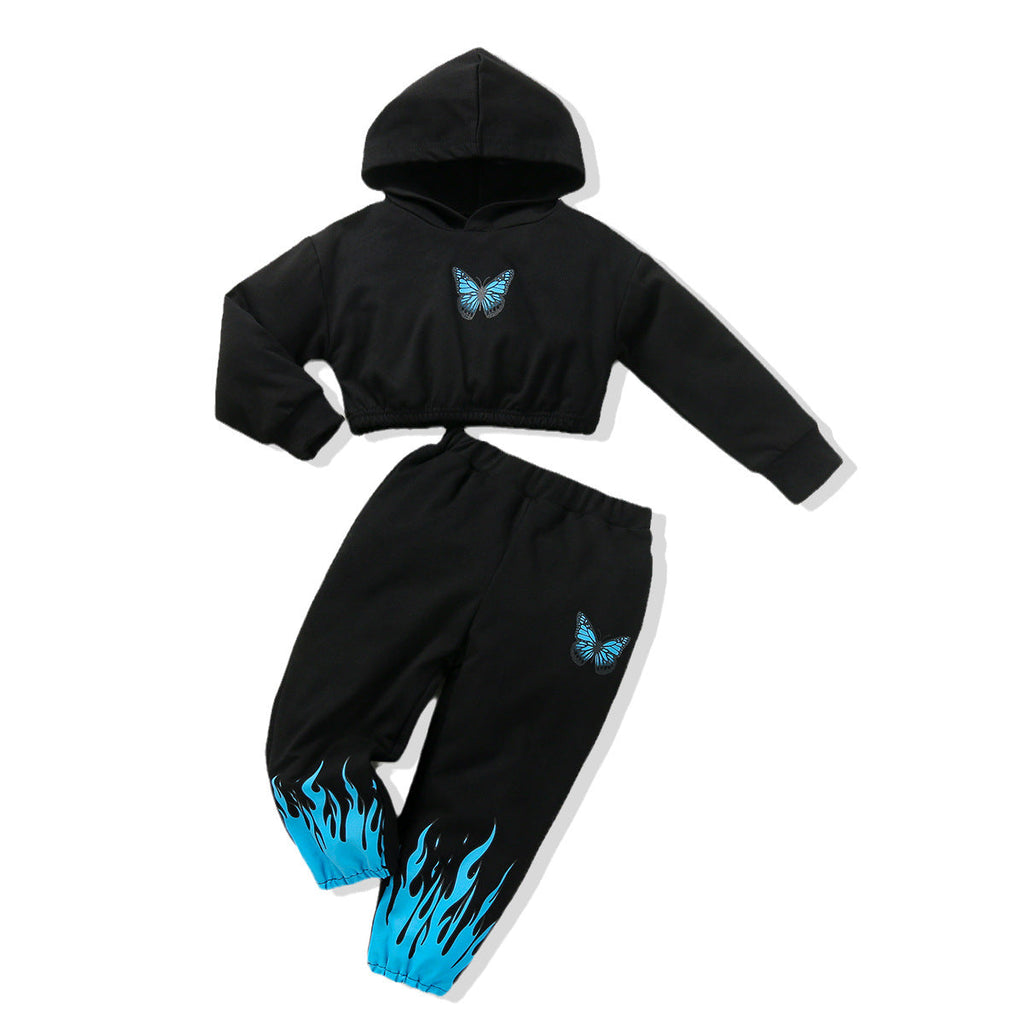 Blue Flame Butterfly Print Hoodie & Pants Wholesale Baby Clothes Sets - PrettyKid