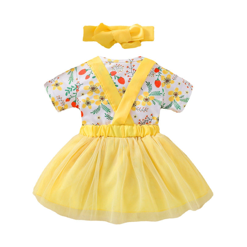 0-18M Baby Girl Clothing Sets Floral Short Sleeve Romper Mesh No Pattern Skirt Wholesale Baby Clothes - PrettyKid