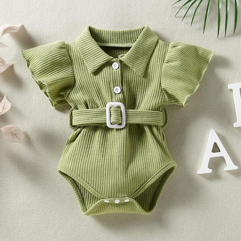 Baby Girl Lapel Collar Flutter Sleeve Jumpsuit With Belt Baby Girl Jumpsuit - PrettyKid