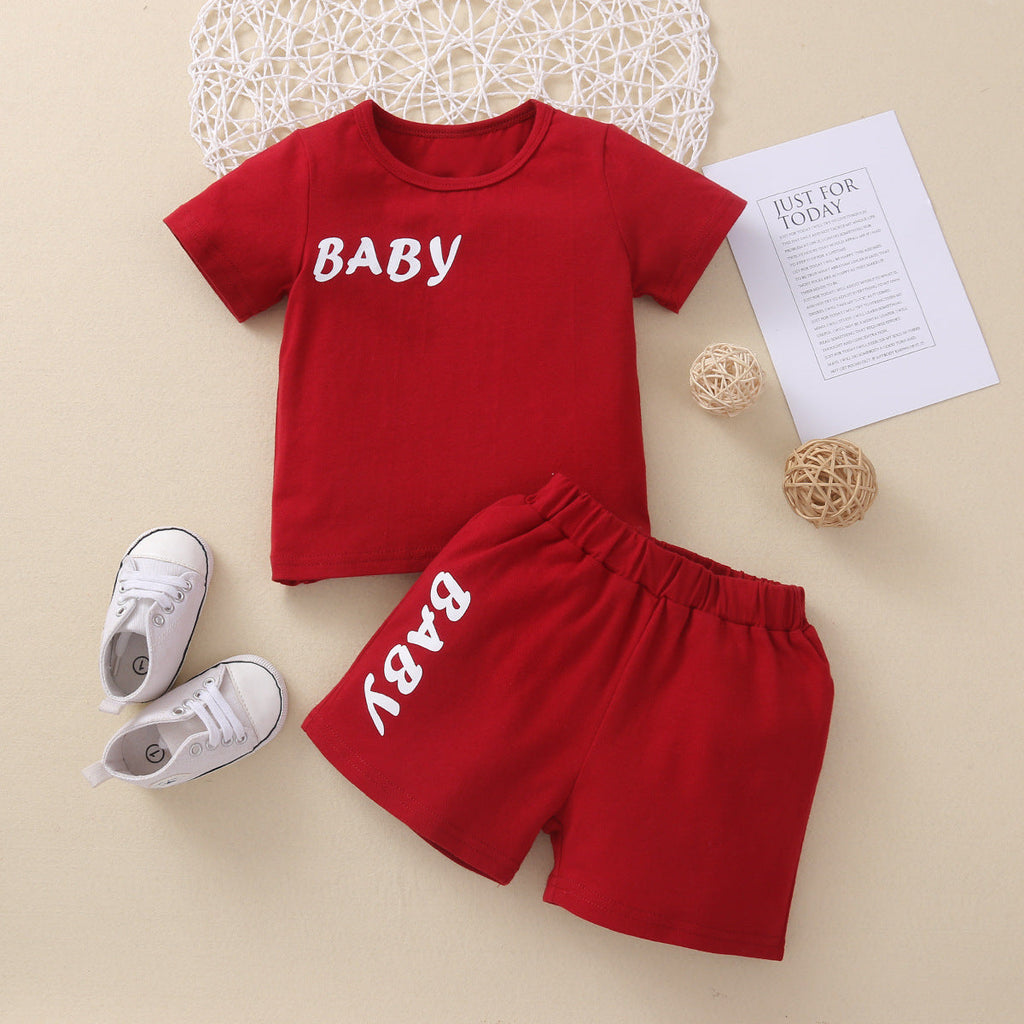 BABY Printed Solid Color T-Shirt And Shorts Baby 2 Piece Set - PrettyKid
