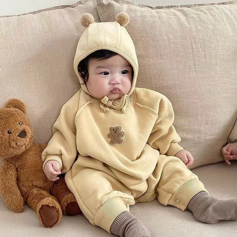 Bear Print Jumpsuit And Ear Hat Baby Warm Jumpsuit - PrettyKid