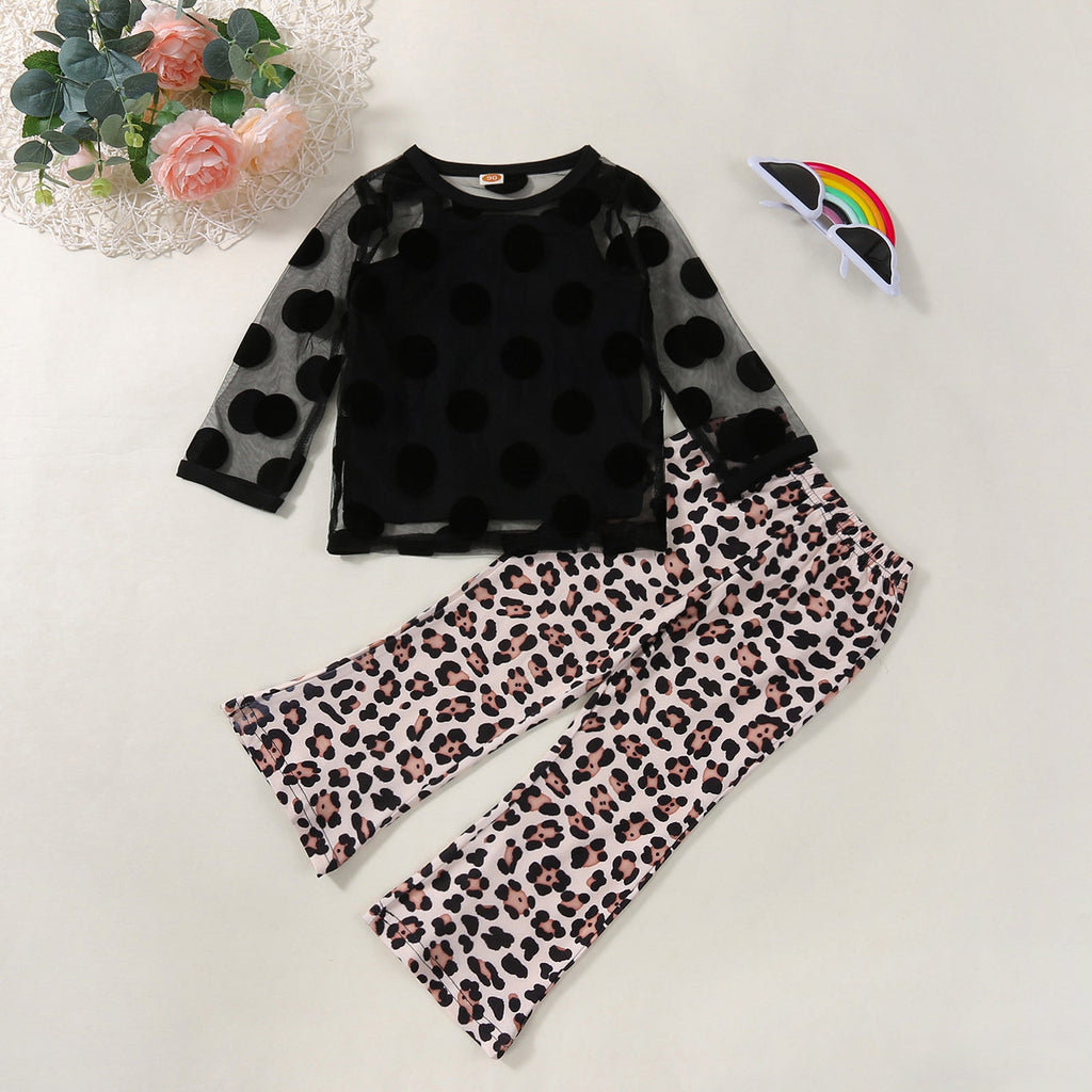 3 Pieces Cami With Mesh Tops And Leopard-Print Flared Pants Toddler Girls Outfits Sets - PrettyKid