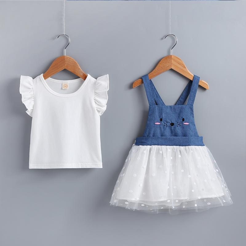 Baby Girls Solid Color Top & Mouse Print Suspender Mesh Skirt - PrettyKid