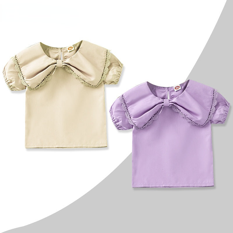 Toddler Kids Girl Solid Color Bow Doll Neckline Short Sleeve Shirt Top - PrettyKid